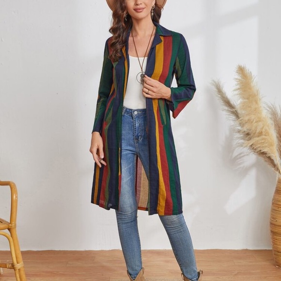 Striped Jacket With Slant Pockets - Picture 2 of 5